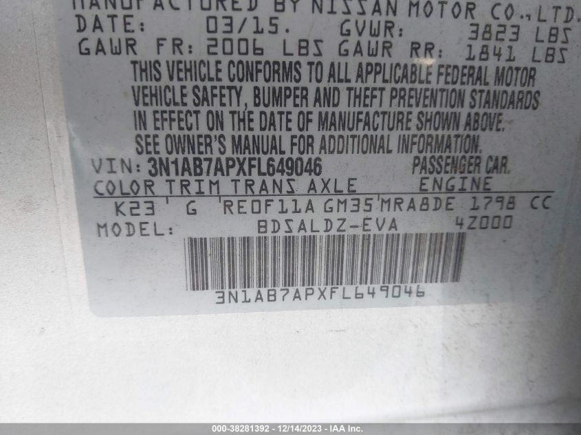 2015 NISSAN SENTRA FE+ S/S/SL/SR/SV - 3N1AB7APXFL649046