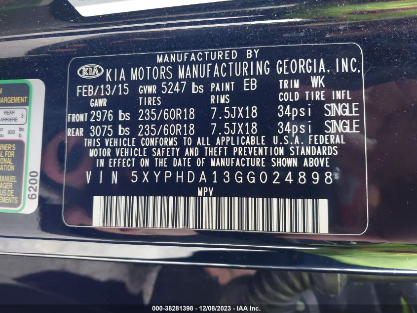 2016 KIA SORENTO EX - 5XYPHDA13GG024898