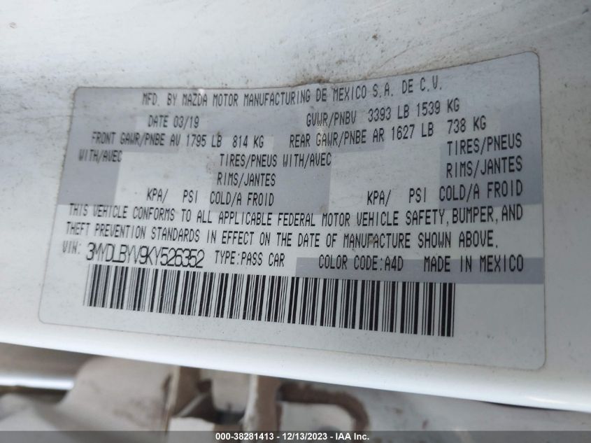 VIN 3MYDLBYV9KY526352 2019 TOYOTA YARIS L/LE/XLE