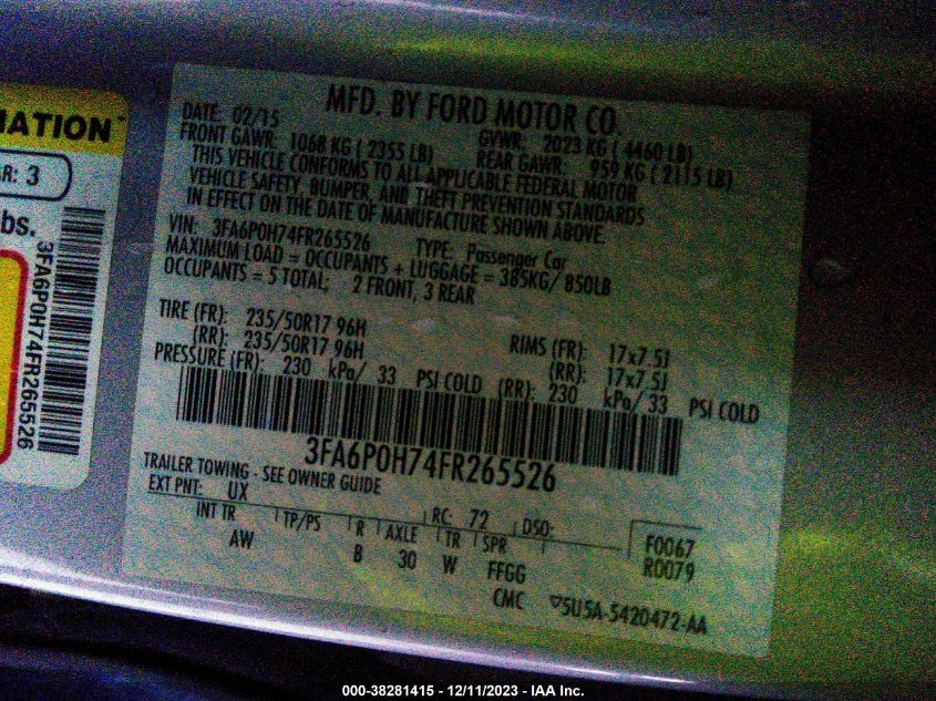 2015 FORD FUSION SE - 3FA6P0H74FR265526