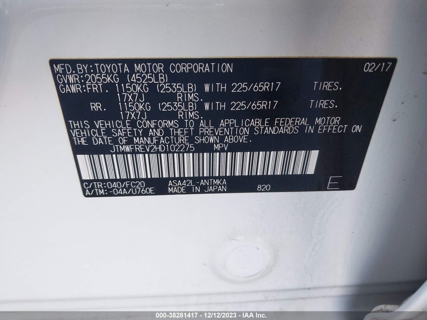 VIN JTMWFREV2HD102275 2017 TOYOTA RAV4 XLE