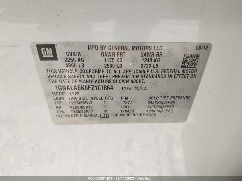 2015 CHEVROLET EQUINOX LS - 1GNALAEK0FZ107864