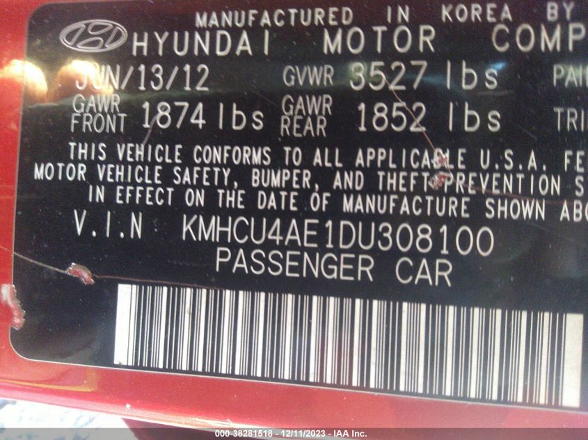 2013 HYUNDAI ACCENT GLS/SE - KMHCU4AE1DU308100