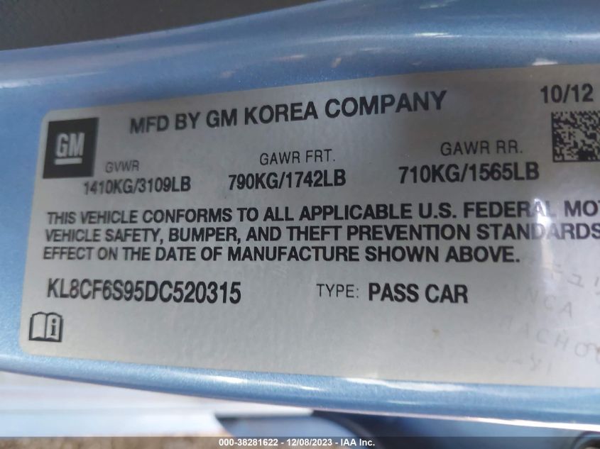 2013 CHEVROLET SPARK 2LT - KL8CF6S95DC520315