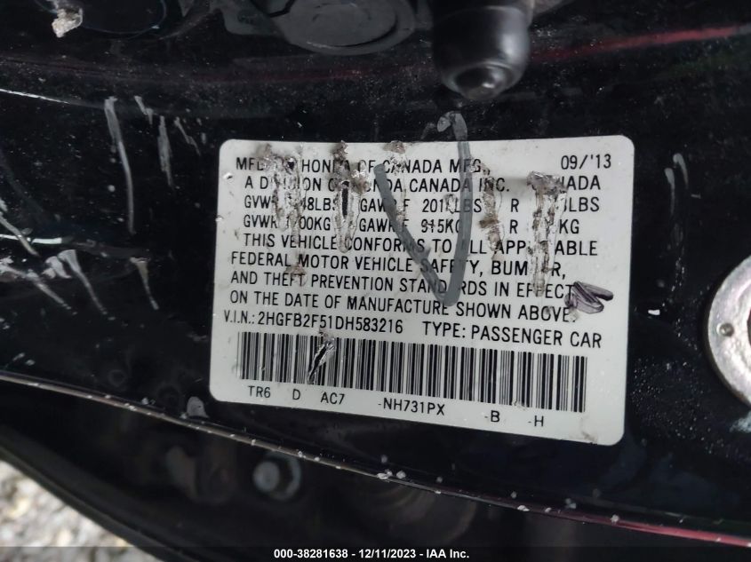 2013 HONDA CIVIC SDN LX 2HGFB2F51DH583216