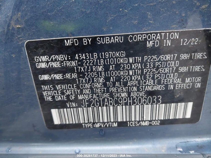 VIN JF2GTABC9PH306033 2023 SUBARU CROSSTREK