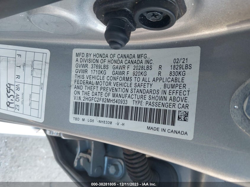 VIN 2HGFC2F82MH540933 2021 HONDA CIVIC SPORT
