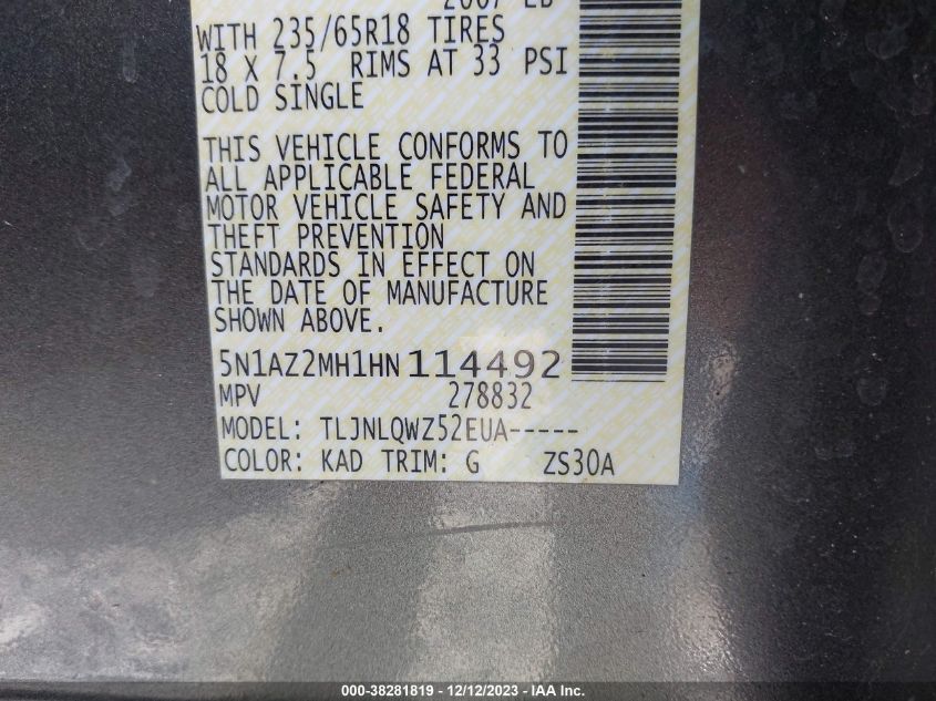 2017 NISSAN MURANO S/SL/SV/PLATINUM - 5N1AZ2MH1HN114492