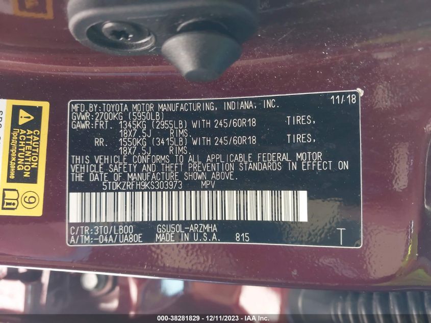 2019 TOYOTA HIGHLANDER SE/XLE - 5TDKZRFH9KS303973