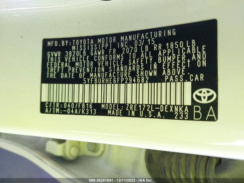 2015 TOYOTA COROLLA L/LE/LE PLS/PRM/S/S PLS - 5YFBURHE6FP294682