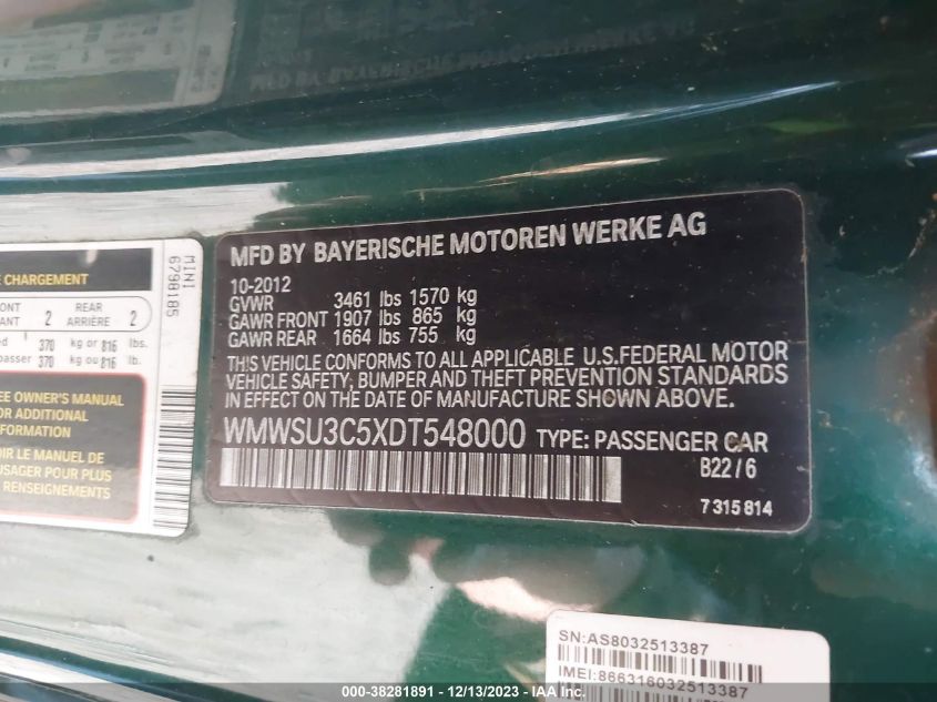 2013 MINI COOPER HARDTOP COOPER (M6) - WMWSU3C5XDT548000