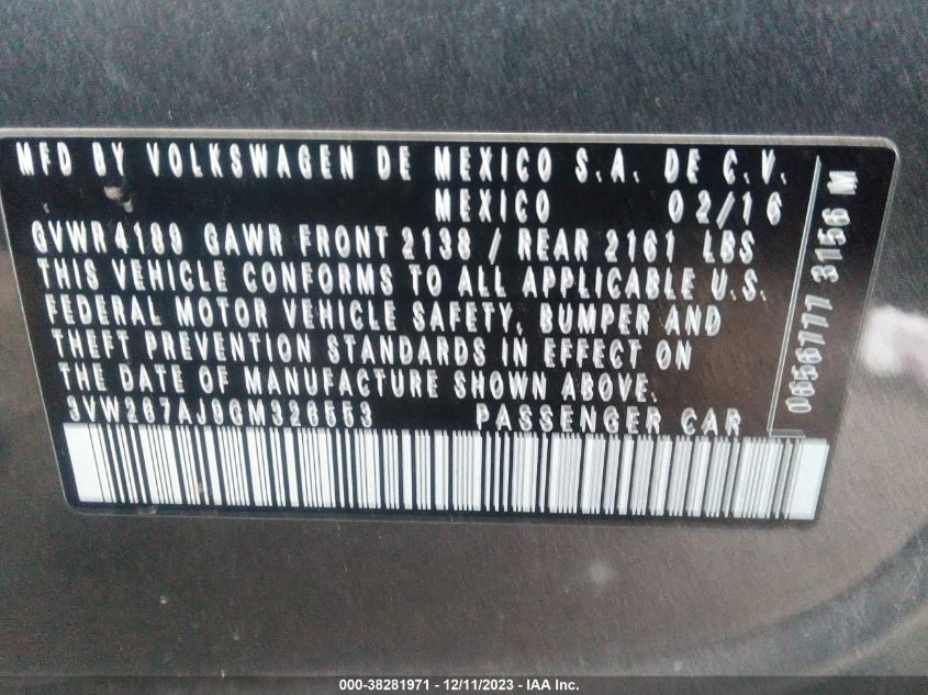 2016 VOLKSWAGEN JETTA S - 3VW267AJ9GM326553