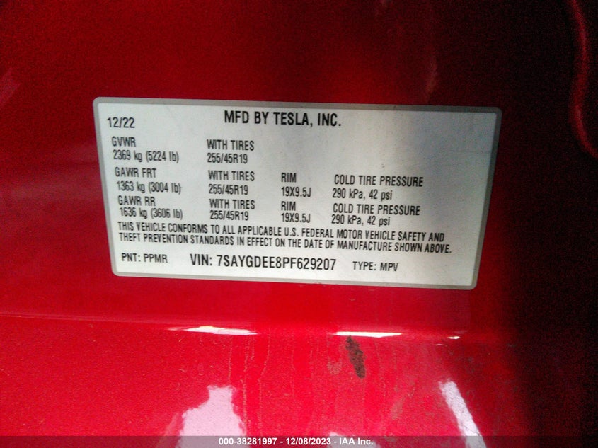 VIN 7SAYGDEE8PF629207 2023 TESLA MODEL Y