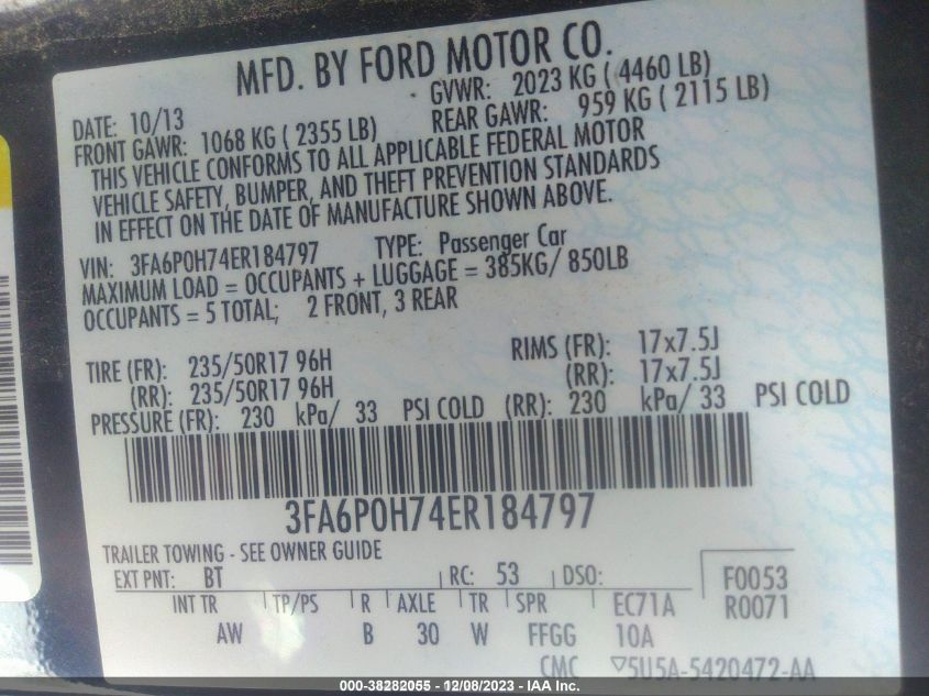 2014 FORD FUSION SE - 3FA6P0H74ER184797