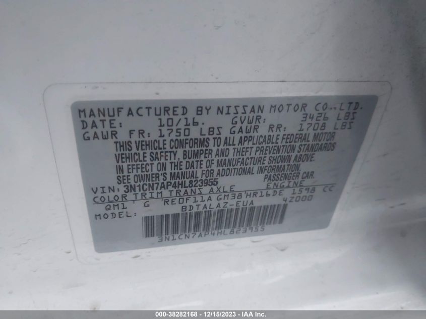 2017 NISSAN VERSA 1.6 S+ - 3N1CN7AP4HL823955