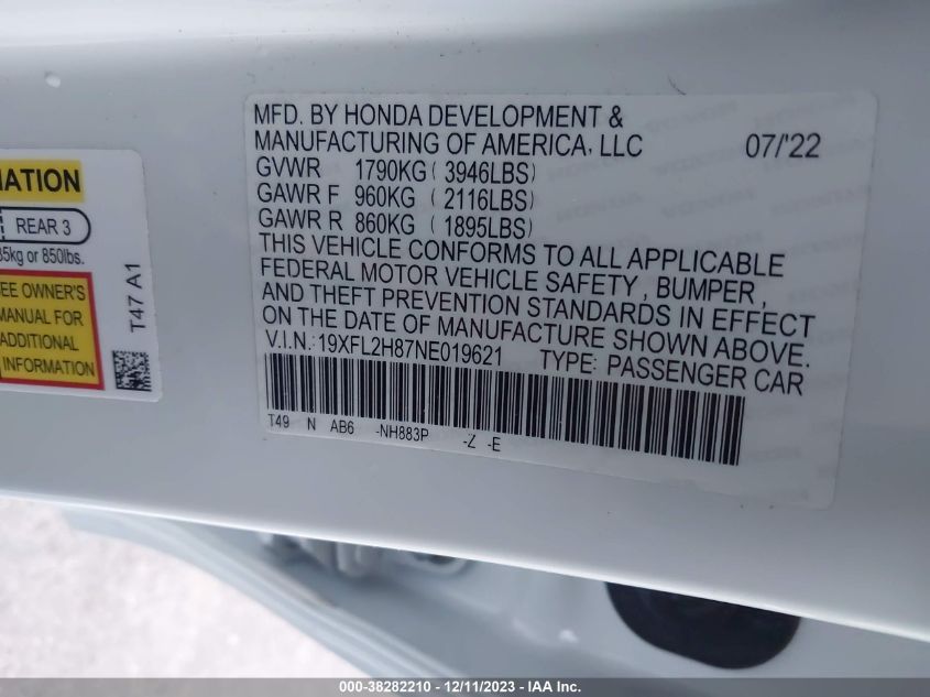 2022 HONDA CIVIC SPORT - 19XFL2H87NE019621