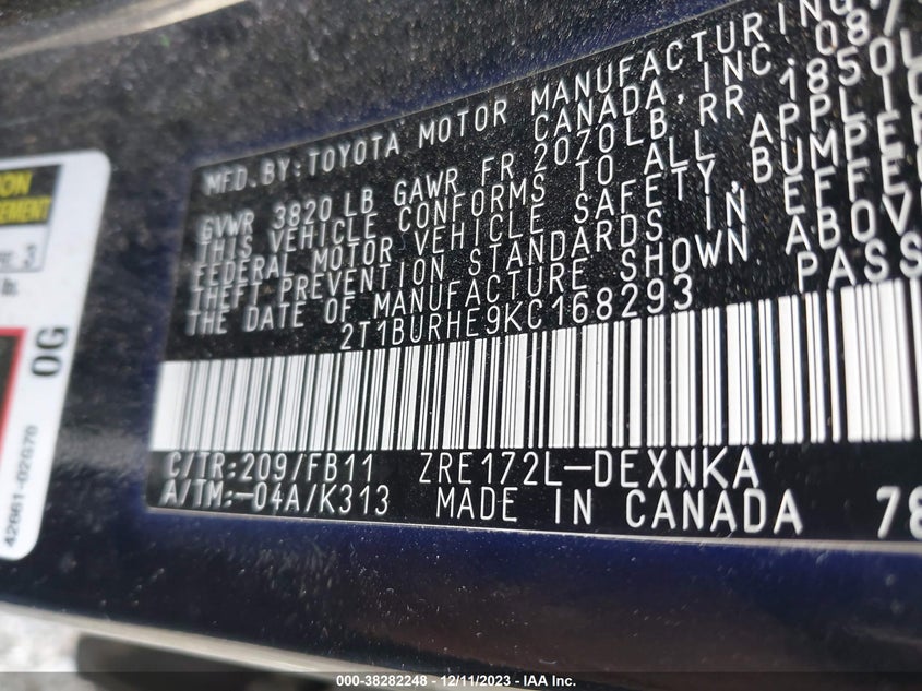 VIN 2T1BURHE9KC168293 2019 TOYOTA COROLLA LE
