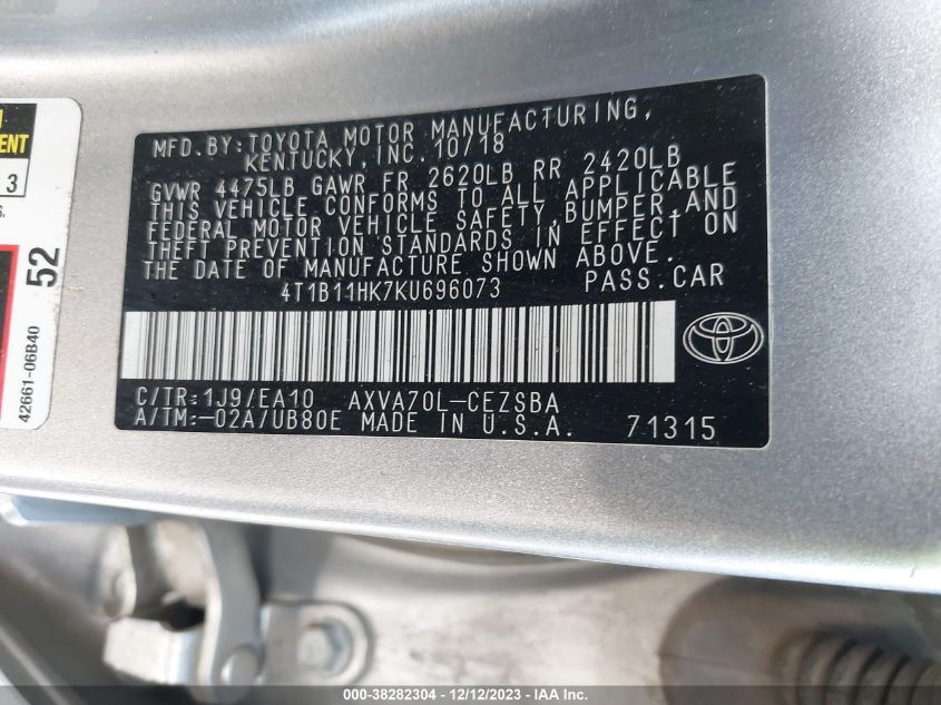 2019 TOYOTA CAMRY SE - 4T1B11HK7KU696073