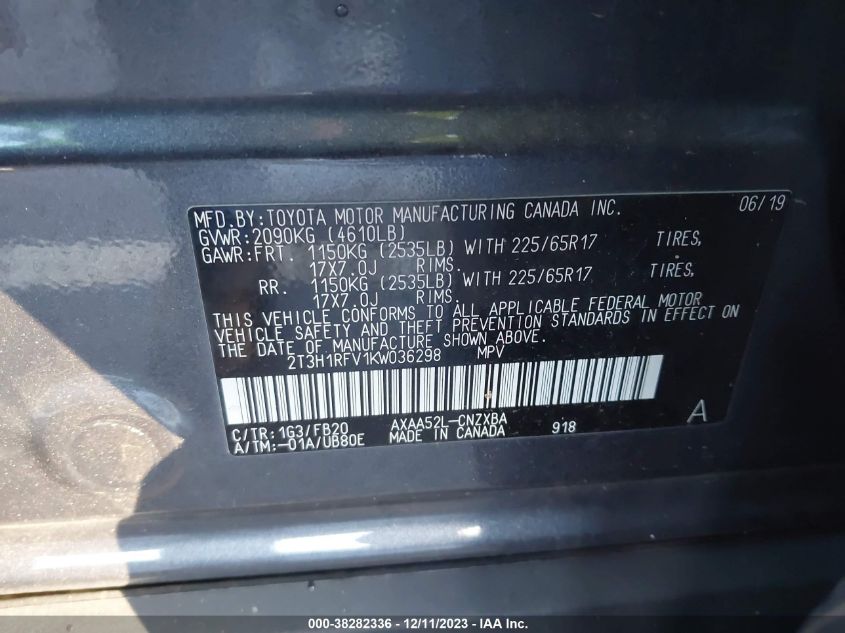 2019 TOYOTA RAV4 LE - 2T3H1RFV1KW036298