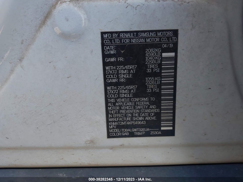 VIN KNMAT2MT4KP549643 2019 NISSAN ROGUE SV
