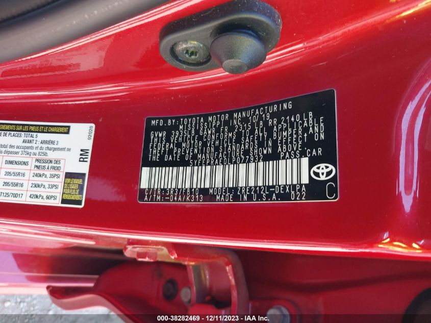 VIN 5YFEPRAE0LP077932 2020 TOYOTA COROLLA LE