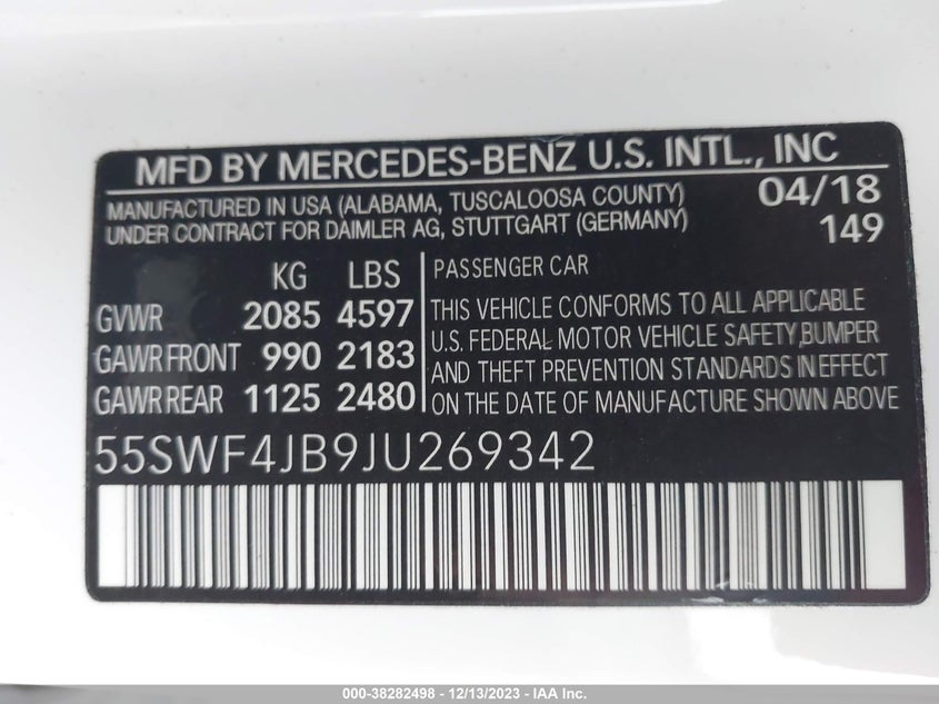 VIN 55SWF4JB9JU269342 2018 MERCEDES-BENZ C 300