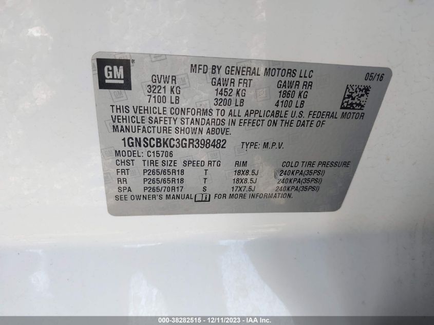 2016 CHEVROLET TAHOE C1500 LT - 1GNSCBKC3GR398482
