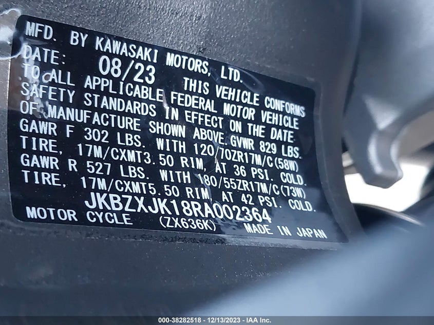 VIN JKBZXJK18RA002364 2024 KAWASAKI ZX636 K