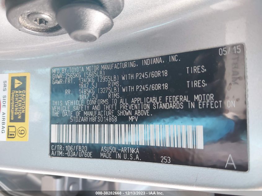2015 TOYOTA HIGHLANDER LE - 5TDZARFH8FS014868