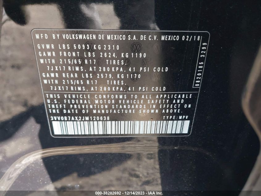 2018 VOLKSWAGEN TIGUAN 2.0T S - 3VV0B7AX2JM120638