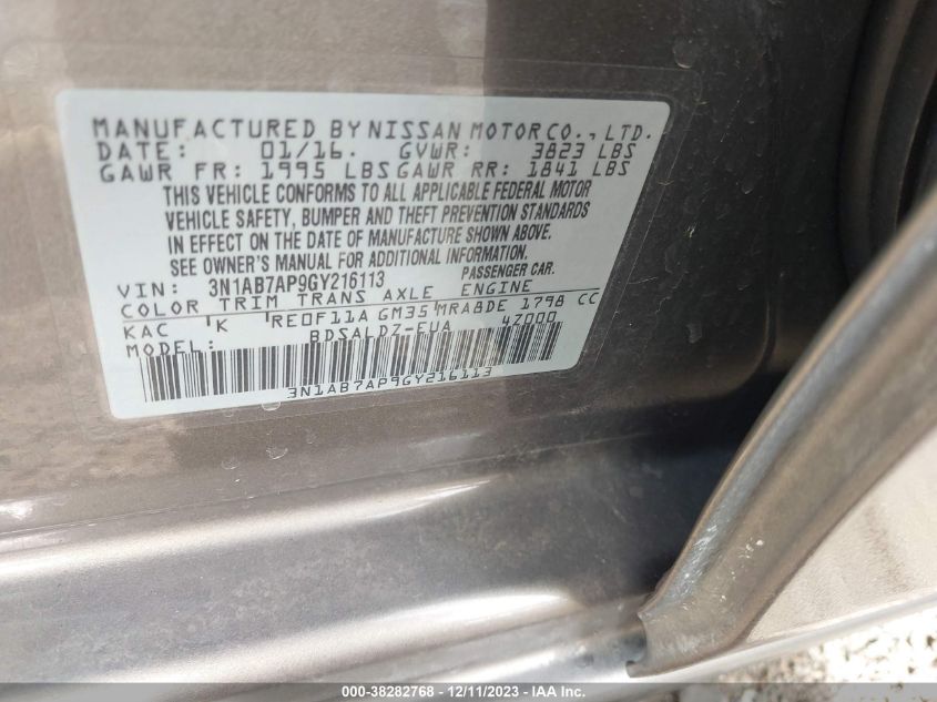 2016 NISSAN SENTRA S/SV/SR/SL - 3N1AB7AP9GY216113