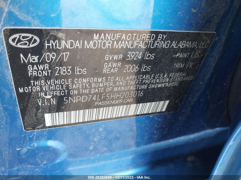 2017 HYUNDAI ELANTRA SE - 5NPD74LF5HH203016