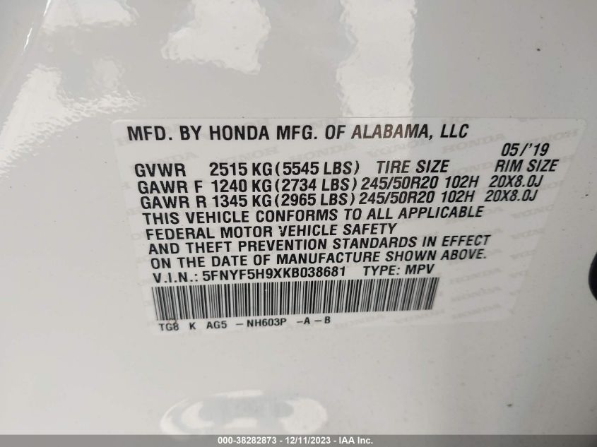 2019 HONDA PILOT TOURING - 5FNYF5H9XKB038681