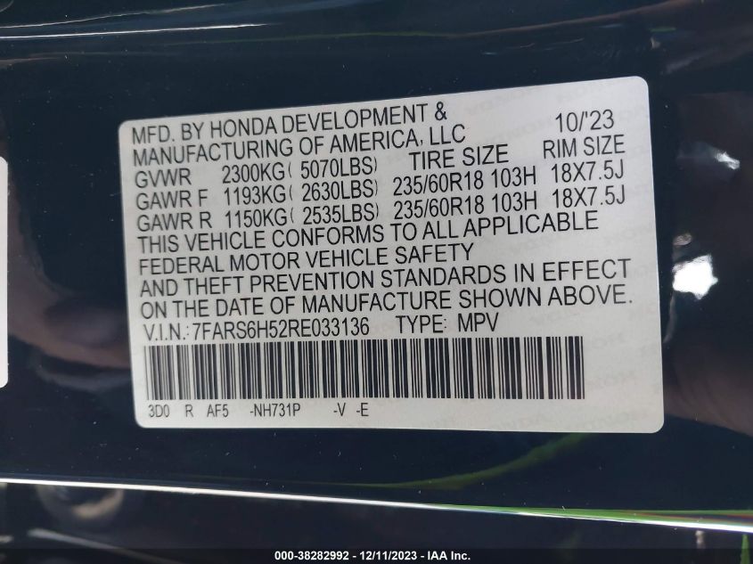 VIN 7FARS6H52RE033136 2024 HONDA CR-V HYBRID SPORT