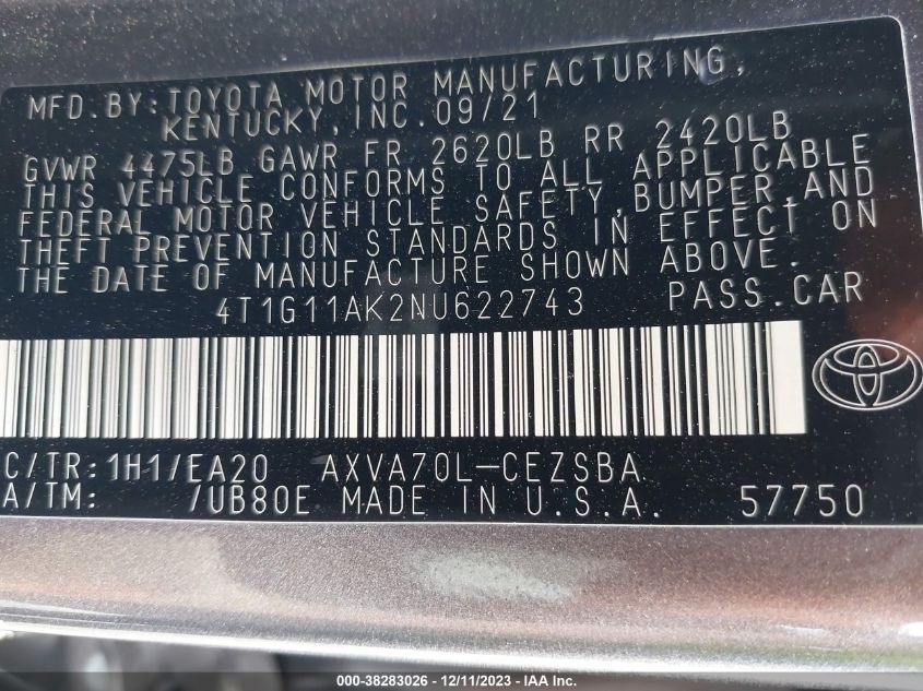 2022 TOYOTA CAMRY SE/SE NIGHT SHADE - 4T1G11AK2NU622743