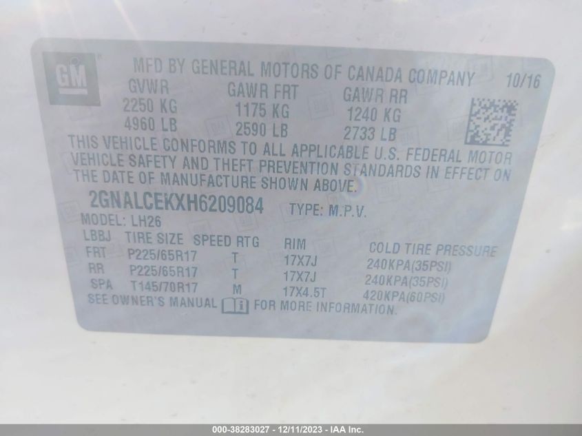 VIN 2GNALCEKXH6209084 2017 CHEVROLET EQUINOX LT