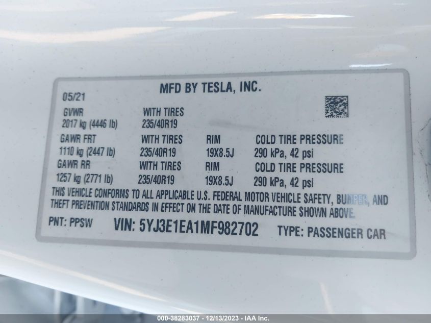 2021 TESLA MODEL 3 STANDARD RANGE PLUS REAR-WHEEL DRIVE - 5YJ3E1EA1MF982702
