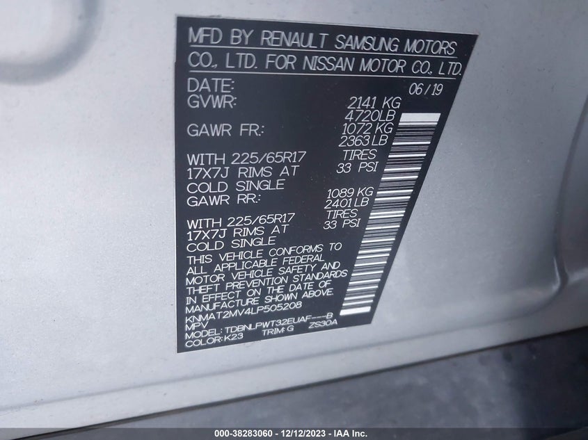 VIN KNMAT2MV4LP505208 2020 NISSAN ROGUE S/SV