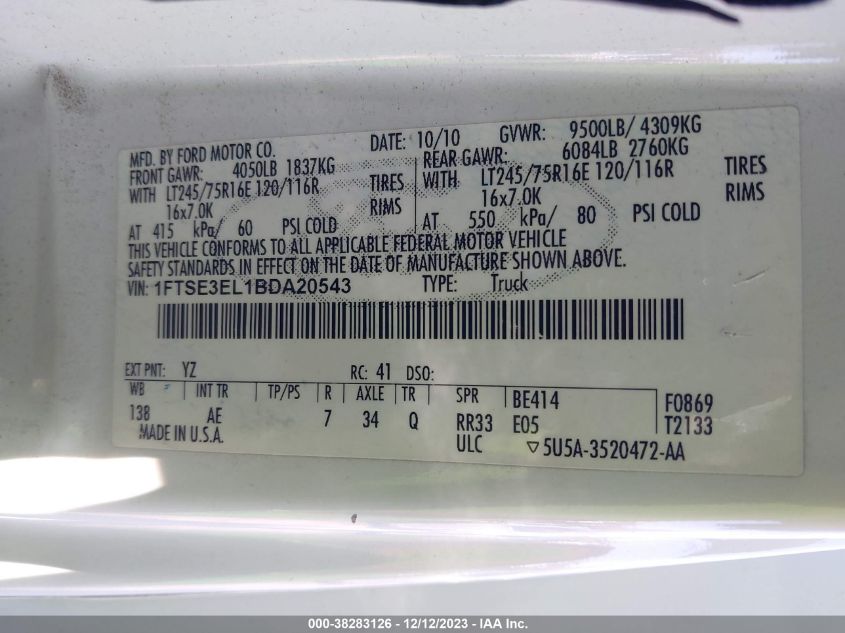 2013 FORD ECONOLINE E350 SUPER DUTY VAN 01FTSE3EL1DA20543