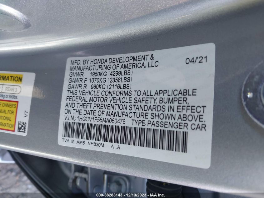 2021 HONDA ACCORD EXL - 1HGCV1F55MA060476