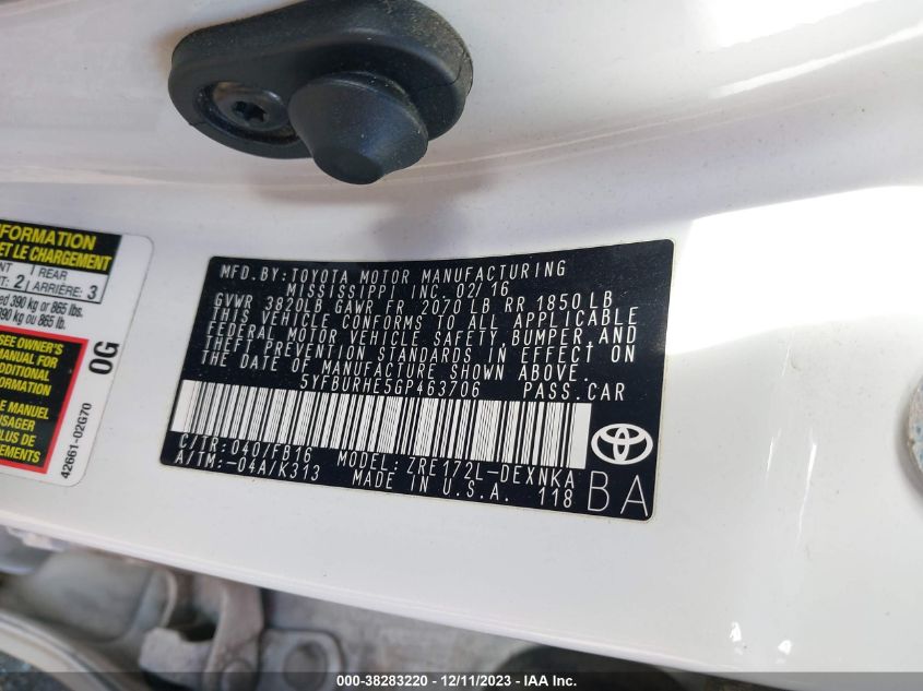 2016 TOYOTA COROLLA LE - 5YFBURHE5GP463706