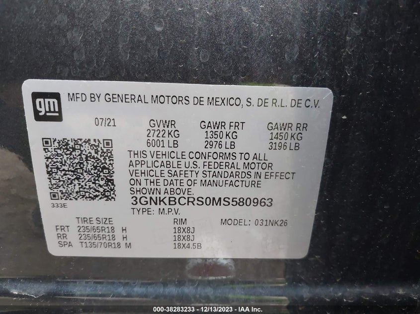 VIN 3GNKBCRS0MS580963 2021 CHEVROLET BLAZER 2LT