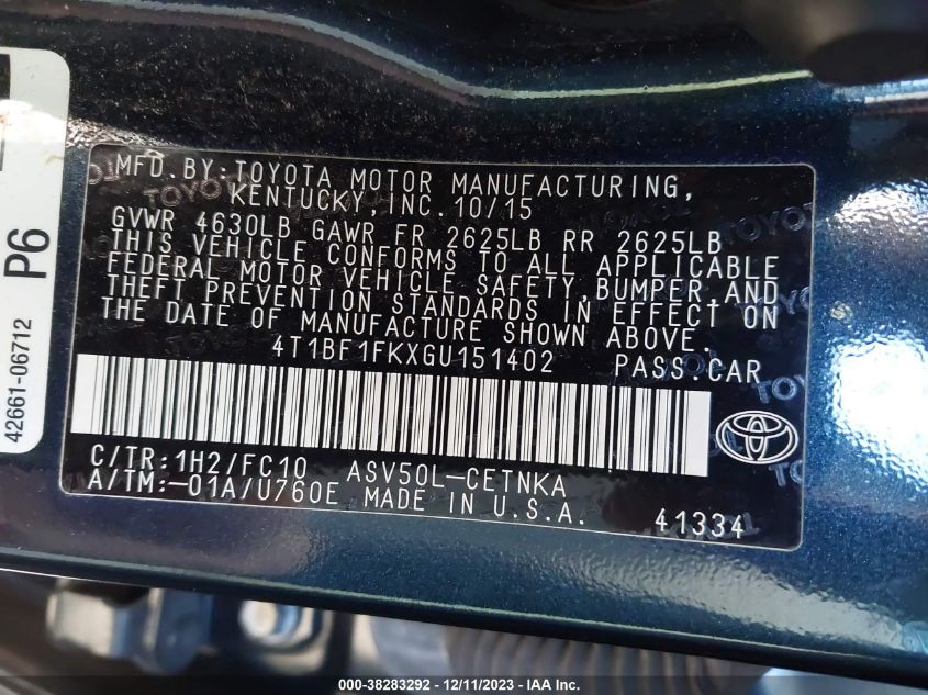 2016 TOYOTA CAMRY LE - 4T1BF1FKXGU151402