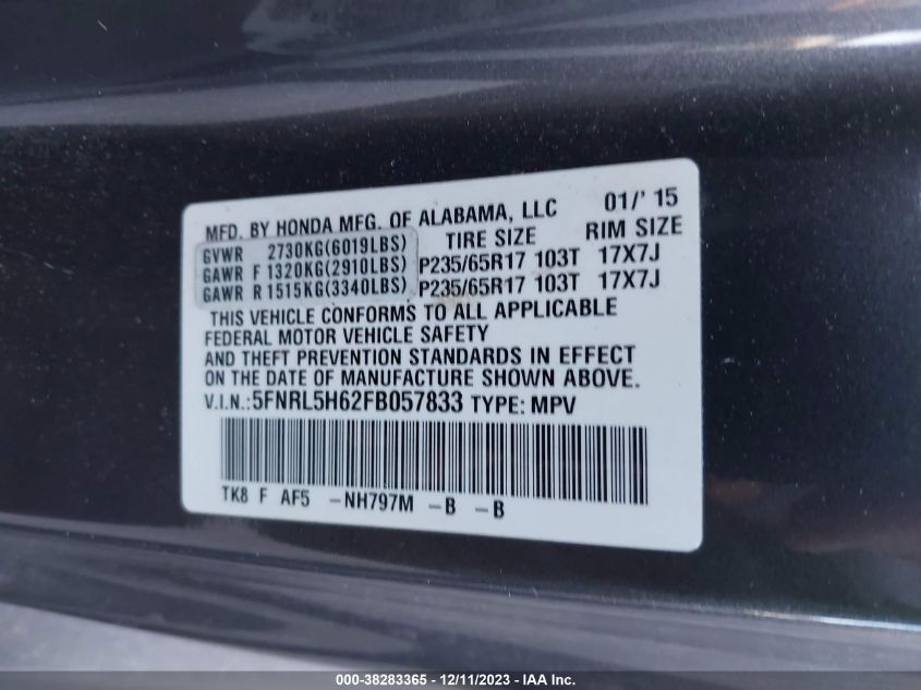 2015 HONDA ODYSSEY EXL - 5FNRL5H62FB057833