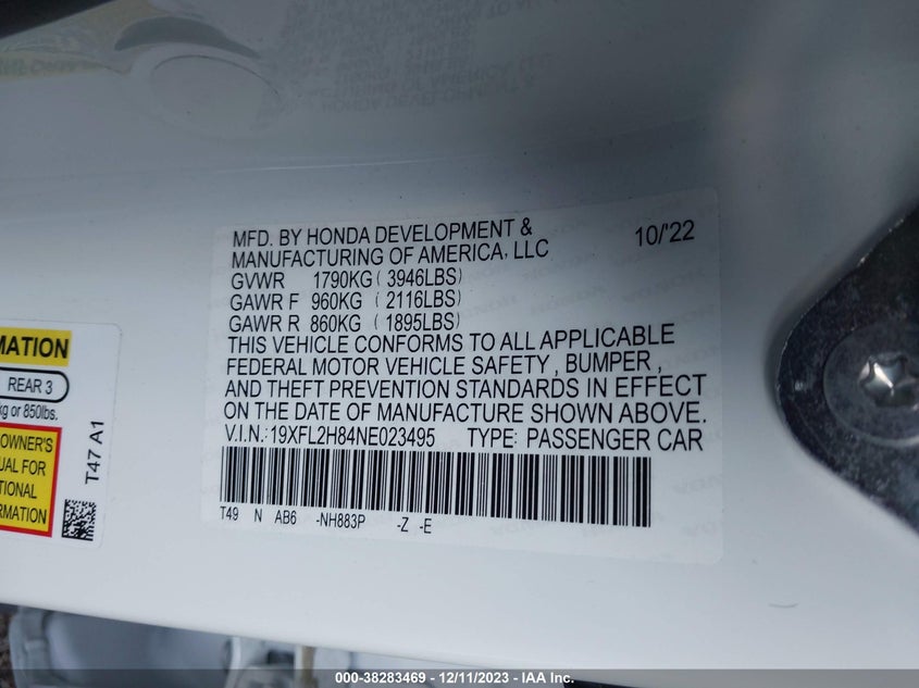 VIN 19XFL2H84NE023495 2022 HONDA CIVIC SPORT
