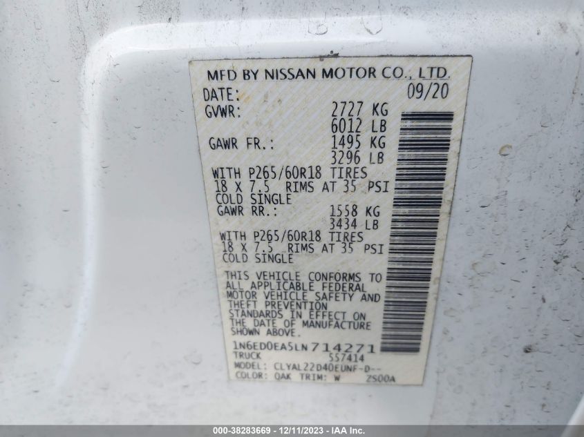 2020 NISSAN FRONTIER SV 4X2 - 1N6ED0EA5LN714271