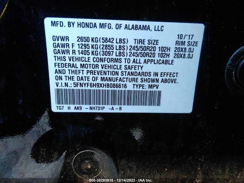 2017 HONDA PILOT TOURING - 5FNYF6H9XHB086616