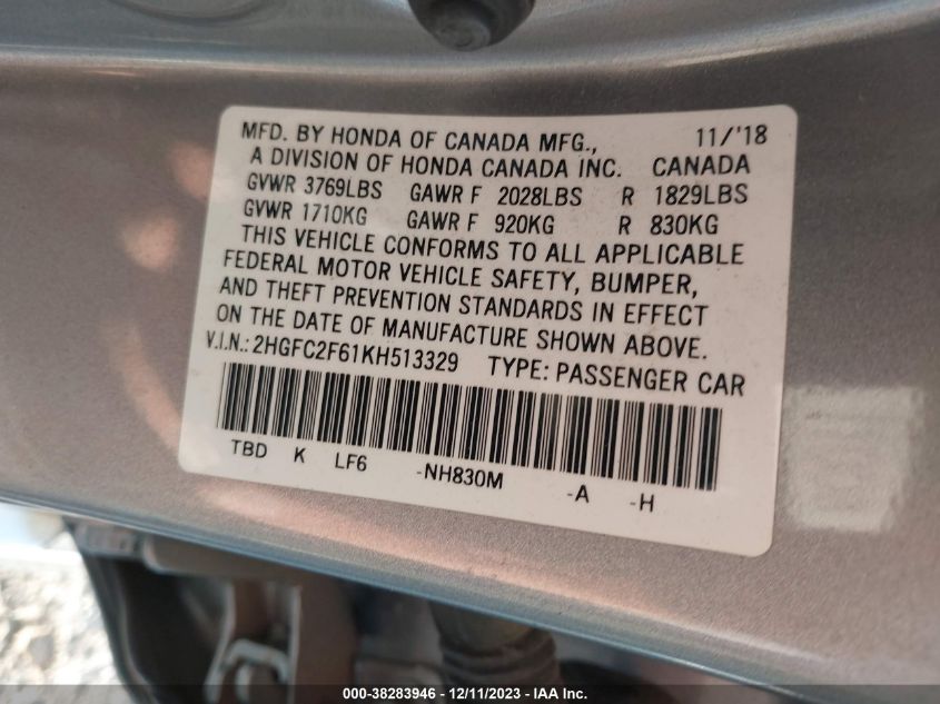 2019 HONDA CIVIC LX - 2HGFC2F61KH513329