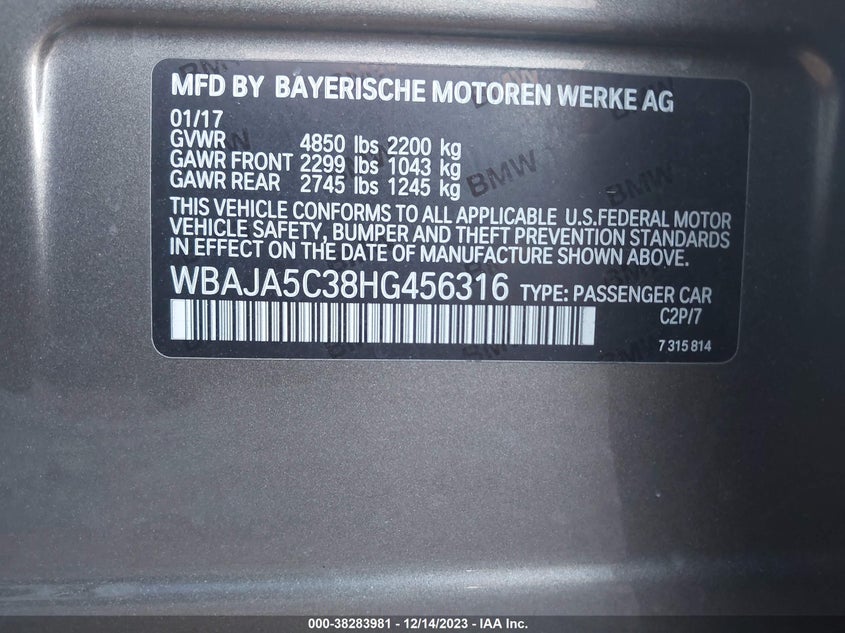 VIN WBAJA5C38HG456316 2017 BMW 530I