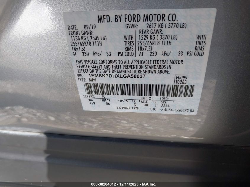 VIN 1FMSK7DHXLGA58037 2020 FORD EXPLORER XLT